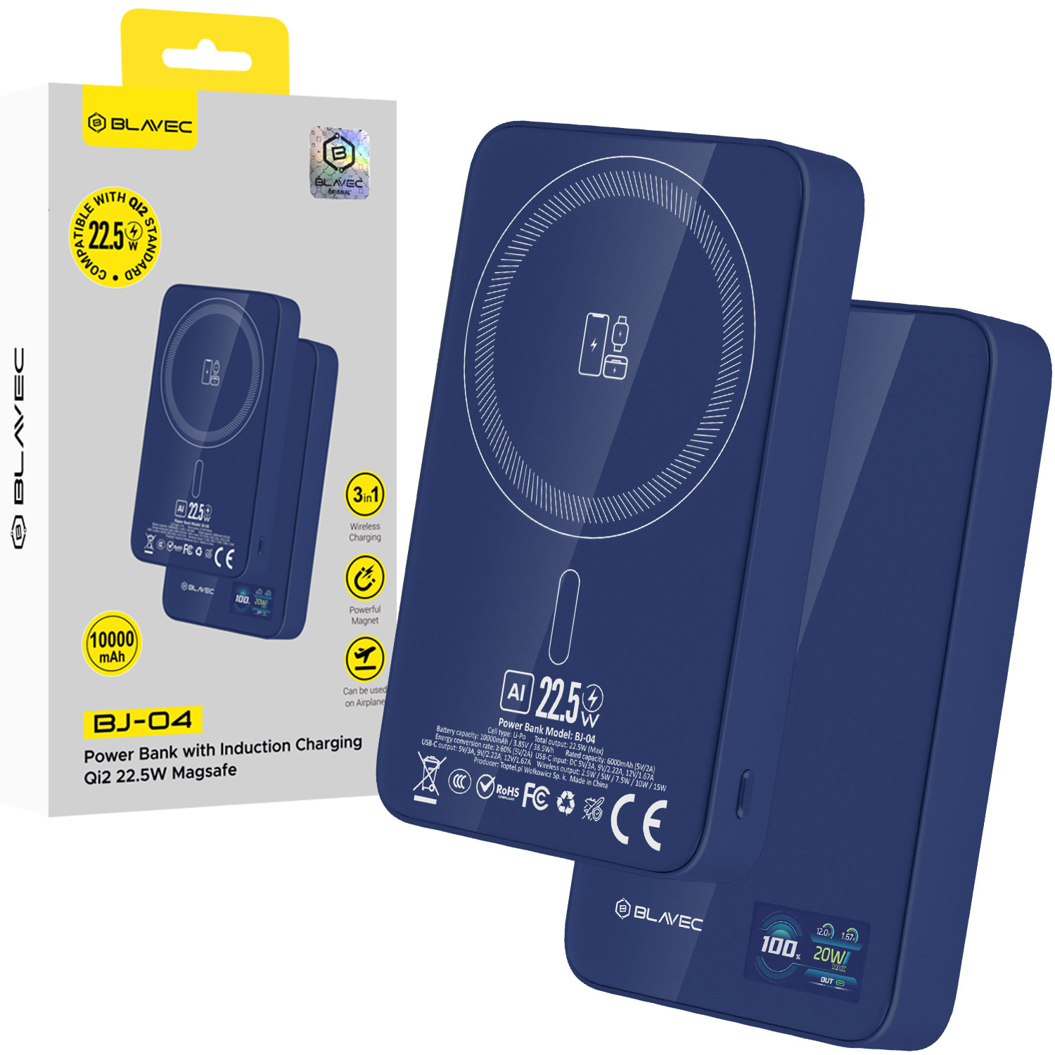 Blavec Power Bank 10000mAh BJ-04 Slim 13,5mm - Type C - 22,5W mágneses Magsafe 3 az 1-ben (PBBJ04-MC10N) tengerészkék üveg-0