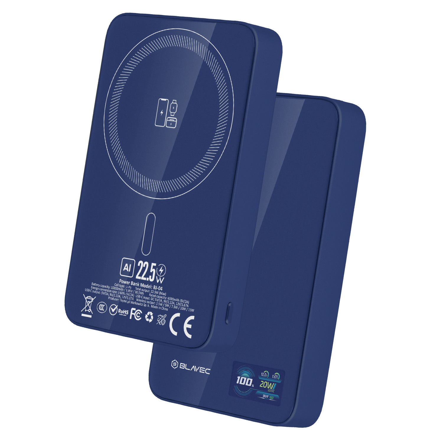 Blavec Power Bank 10000mAh BJ-04 Slim 13,5mm - Type C - 22,5W mágneses Magsafe 3 az 1-ben (PBBJ04-MC10N) tengerészkék üveg-1