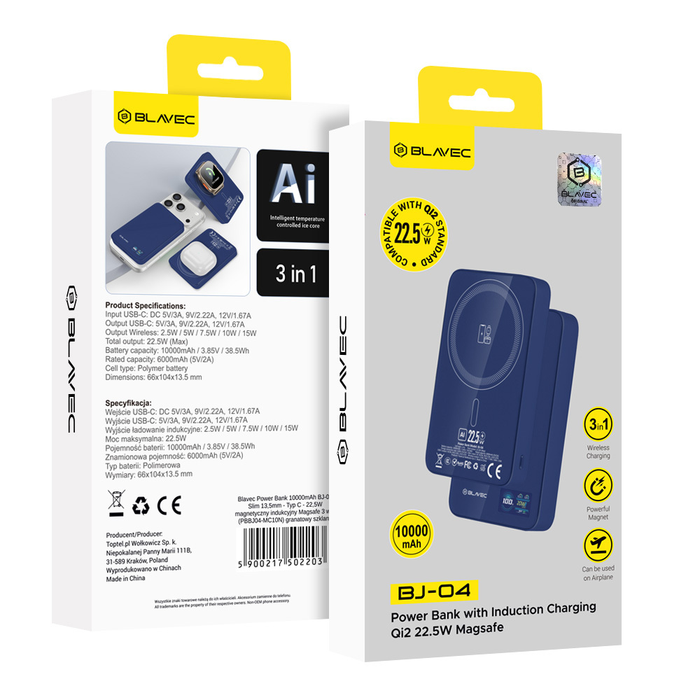 Blavec Power Bank 10000mAh BJ-04 Slim 13,5mm - Type C - 22,5W mágneses Magsafe 3 az 1-ben (PBBJ04-MC10N) tengerészkék üveg-6