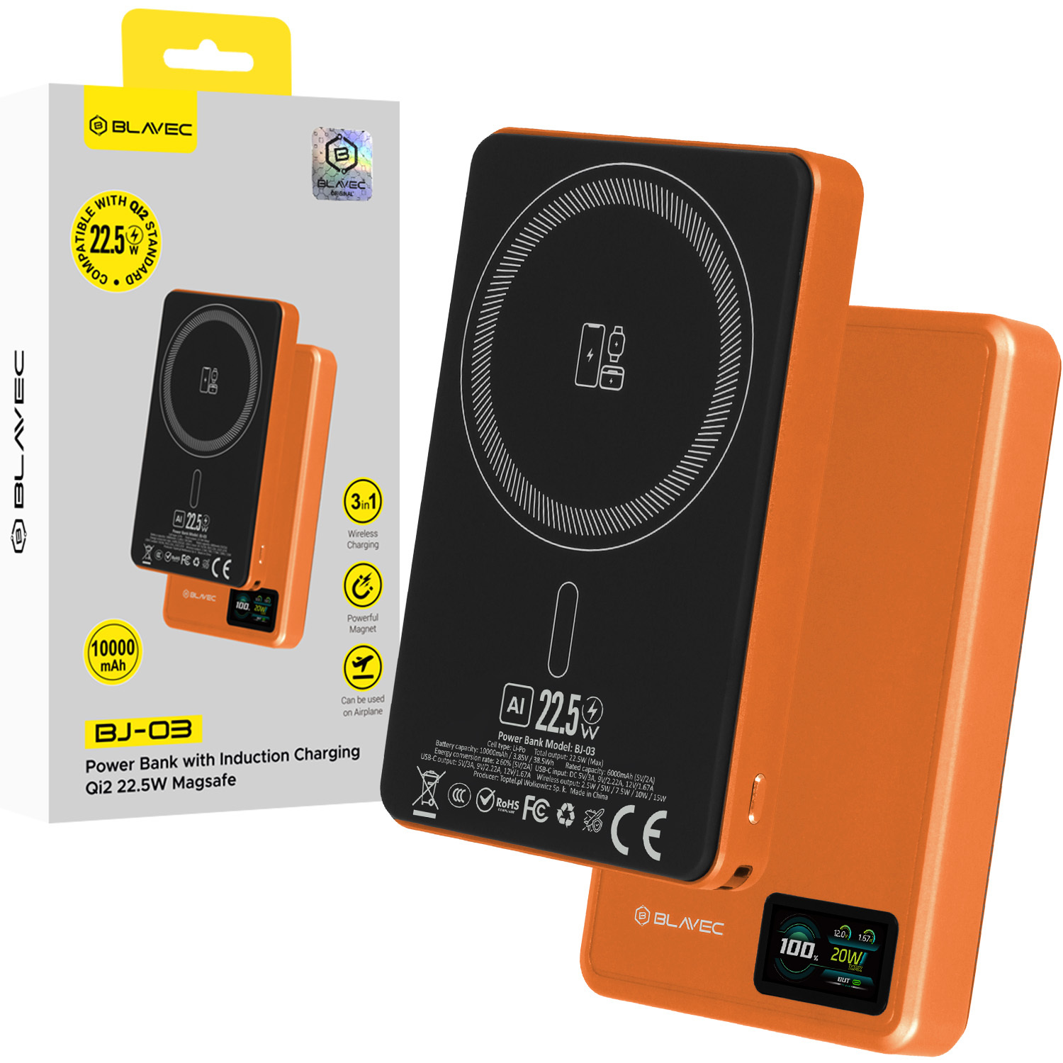 Blavec külső akkumulátor 10000 mAh BJ-03 Slim 13,5 mm - C típusú - 22,5 W mágneses MagSafe 3 az 1-ben (PBBJ03-MC10O) narancssárga alumínium-0