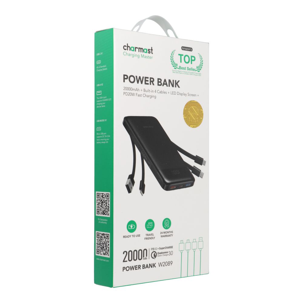 Charmast W2089 PD3.0 3A 22,5W 20000 mAh powerbank beépített USB-A / USB-C / Lightning / Micro USB kábelekkel fekete-5