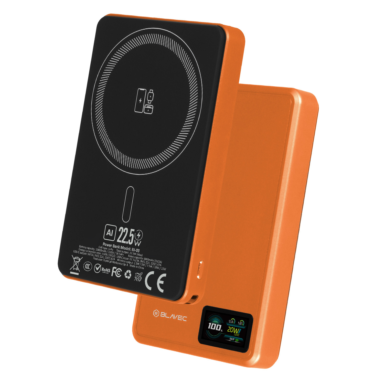 Blavec külső akkumulátor 10000 mAh BJ-03 Slim 13,5 mm - C típusú - 22,5 W mágneses MagSafe 3 az 1-ben (PBBJ03-MC10O) narancssárga alumínium-1