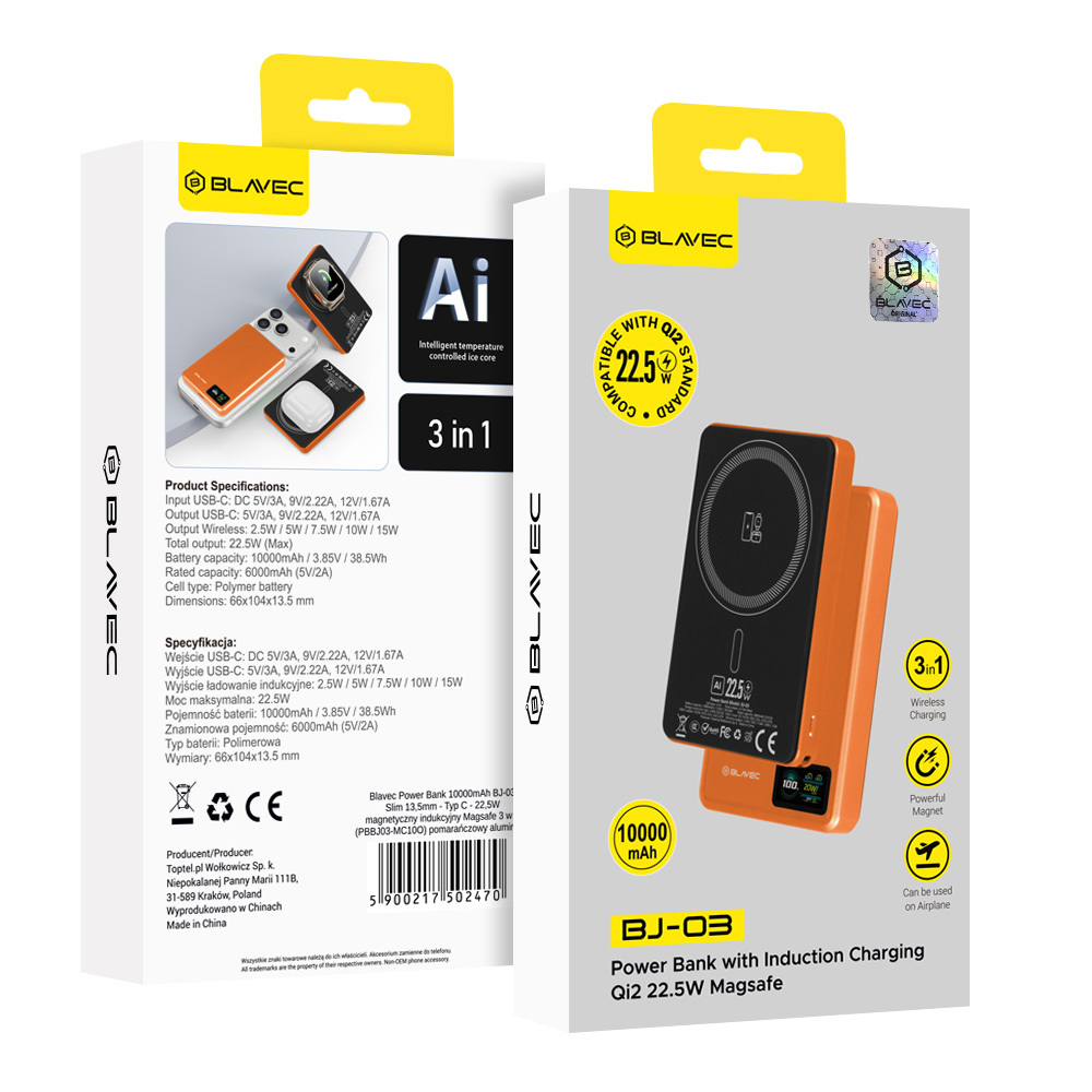 Blavec külső akkumulátor 10000 mAh BJ-03 Slim 13,5 mm - C típusú - 22,5 W mágneses MagSafe 3 az 1-ben (PBBJ03-MC10O) narancssárga alumínium-6