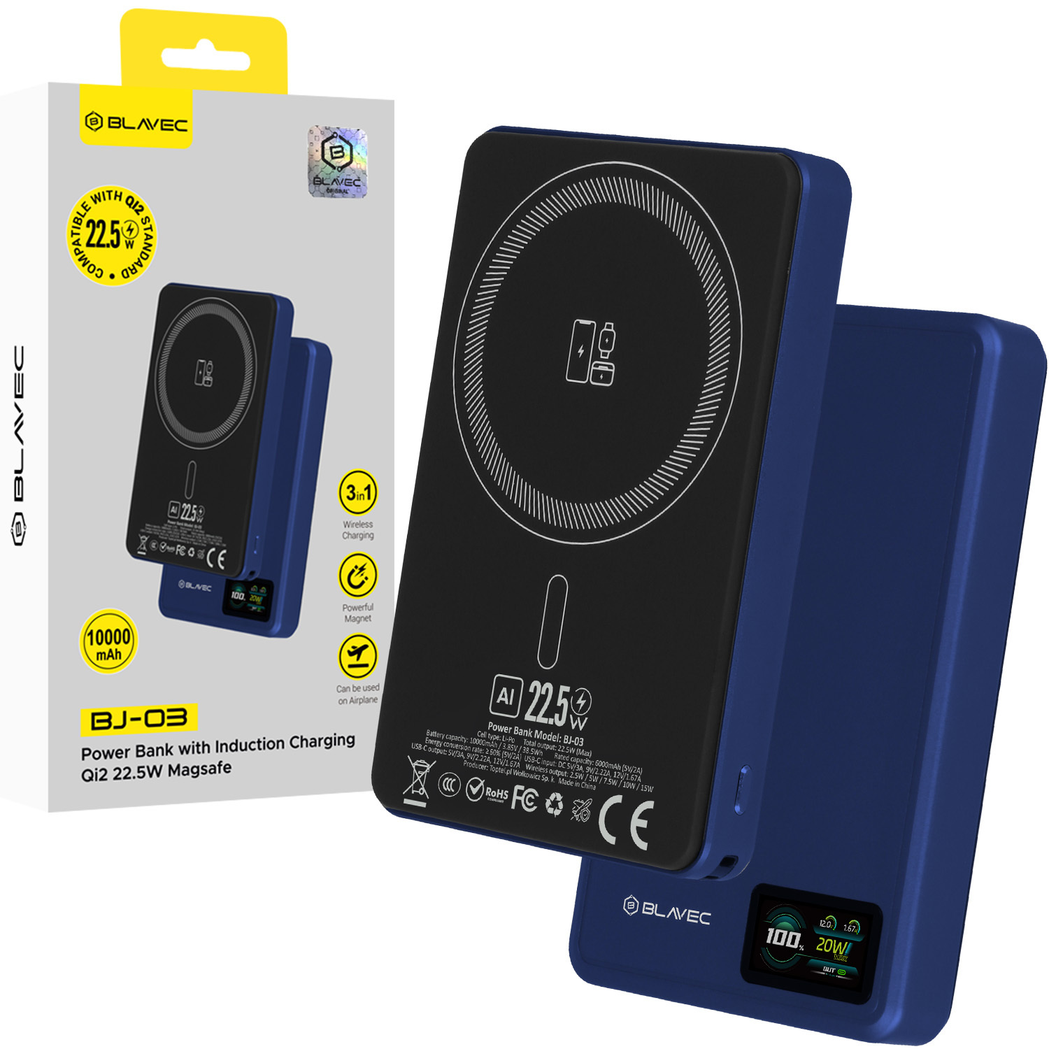Blavec Powerbank 10000 mAh BJ-03 Slim, 22,5 W MagSafe 3 az 1-ben (PBBJ03-MC10N) sötétkék alumínium mágneses-0