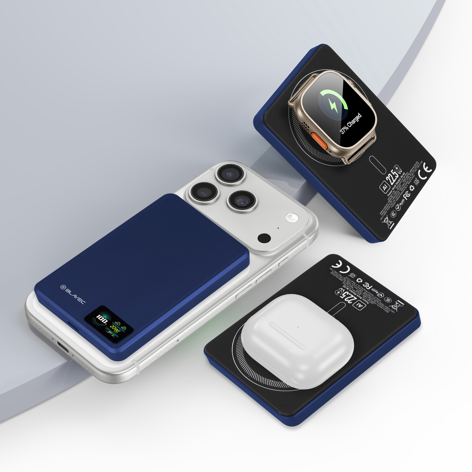 Blavec Powerbank 10000 mAh BJ-03 Slim, 22,5 W MagSafe 3 az 1-ben (PBBJ03-MC10N) sötétkék alumínium mágneses-3