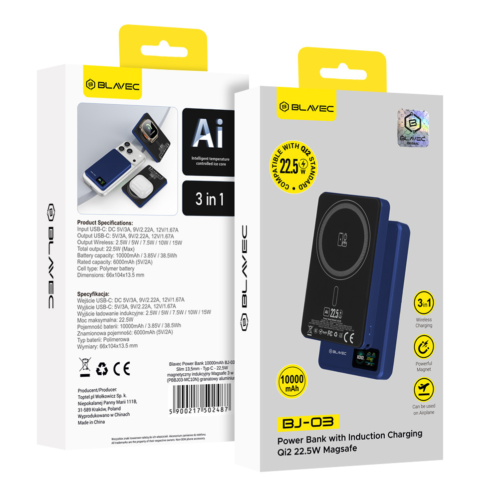 Blavec Powerbank 10000 mAh BJ-03 Slim, 22,5 W MagSafe 3 az 1-ben (PBBJ03-MC10N) sötétkék alumínium mágneses-5