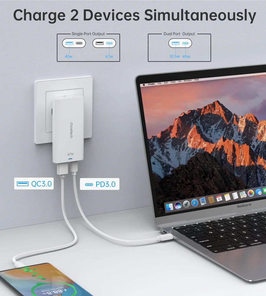 Choetech PD6011 65W GaN Ultra USB-C + USB-A fali töltőadapter - Fehér-2