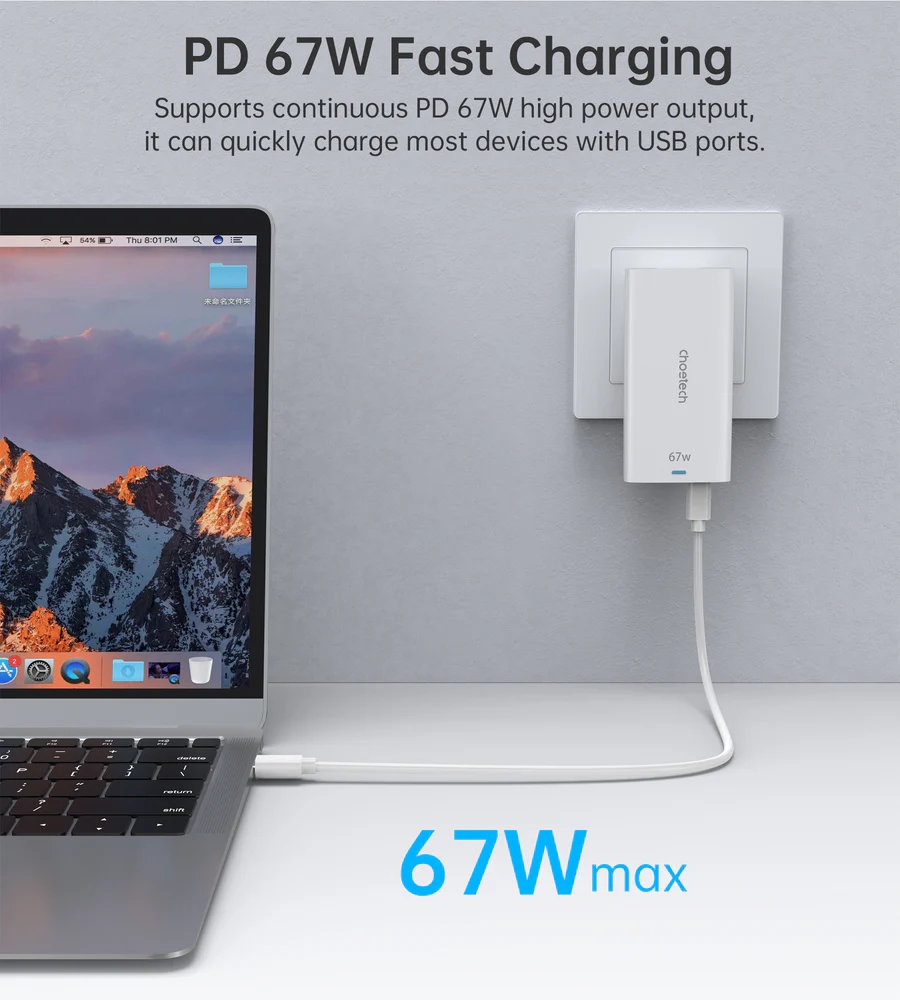 Choetech PD6011 65W GaN Ultra USB-C + USB-A fali töltőadapter - Fehér-1