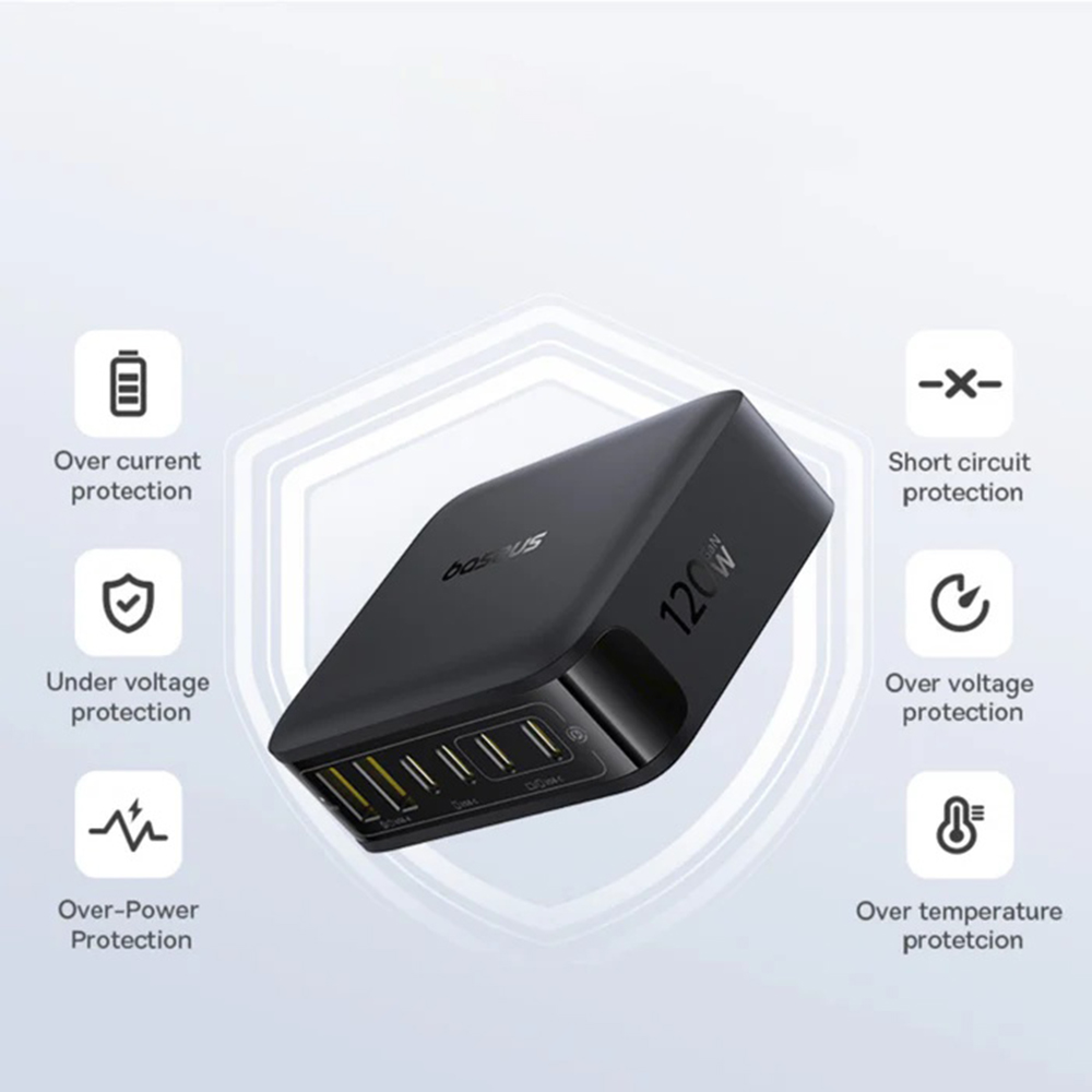 Baseus Fali töltő EnerFill FH21 (E0120T00) - 4x Type-C, 2x USB, 120W, GaN technológia, 1.5m - Fekete-5