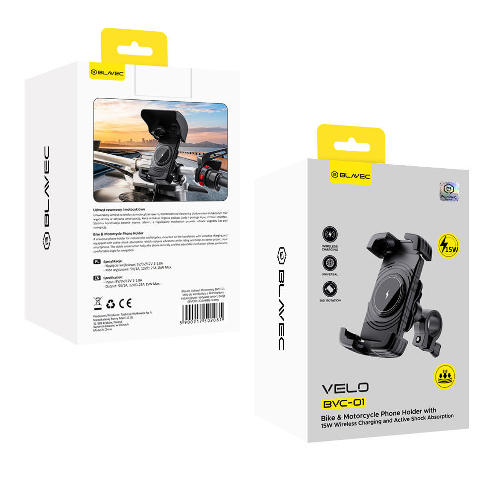 Blavec BVC-01 Velo kerékpáros/motoros mobiltelefon tartó indukciós töltéssel és rázkódás csillapítással (BVC01-ICSAHB) fekete-12