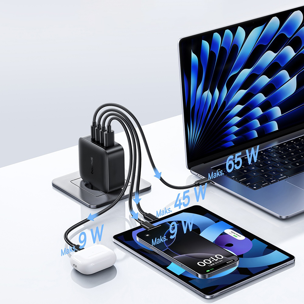 Baseus - EnerFill FH11 (E0121J00) - 3x USB-C, 1x USB-A, 140W, GaN Technológia, Gyors Töltés - Kozmikus Fekete-2