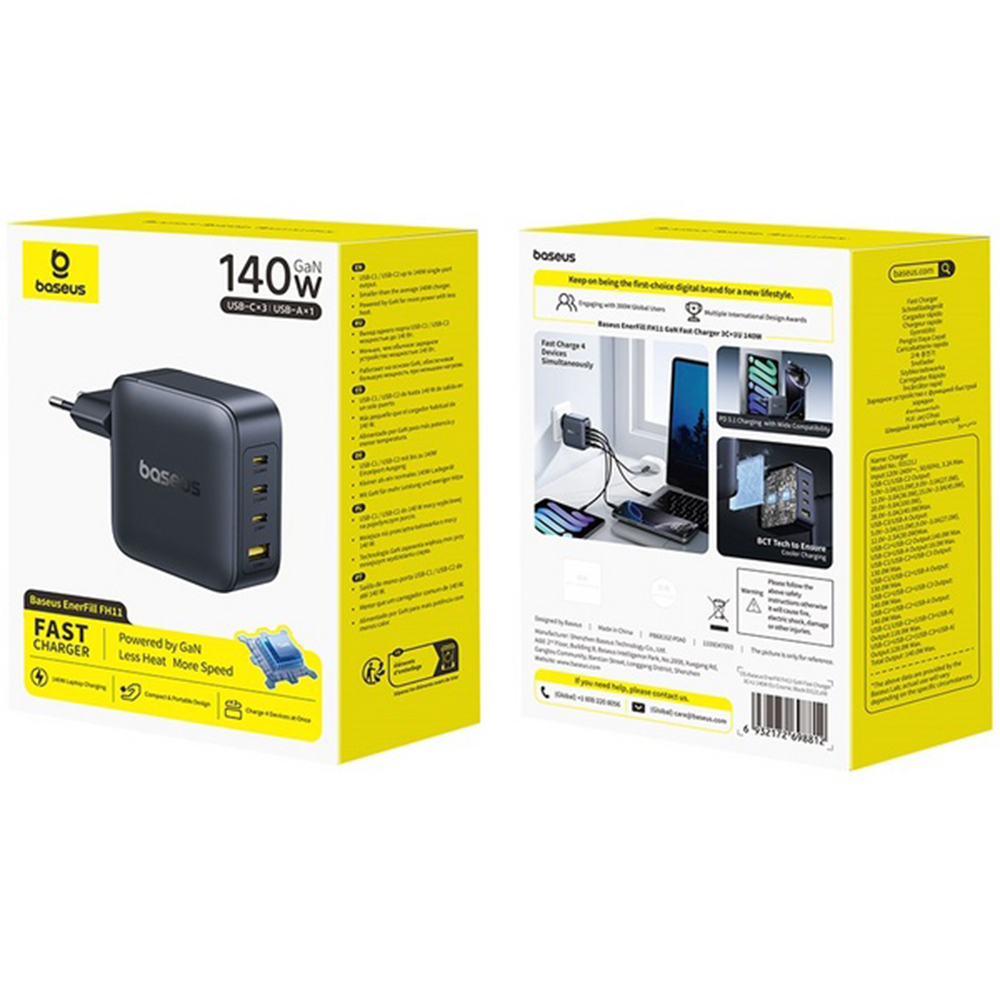 Baseus - EnerFill FH11 (E0121J00) - 3x USB-C, 1x USB-A, 140W, GaN Technológia, Gyors Töltés - Kozmikus Fekete-6