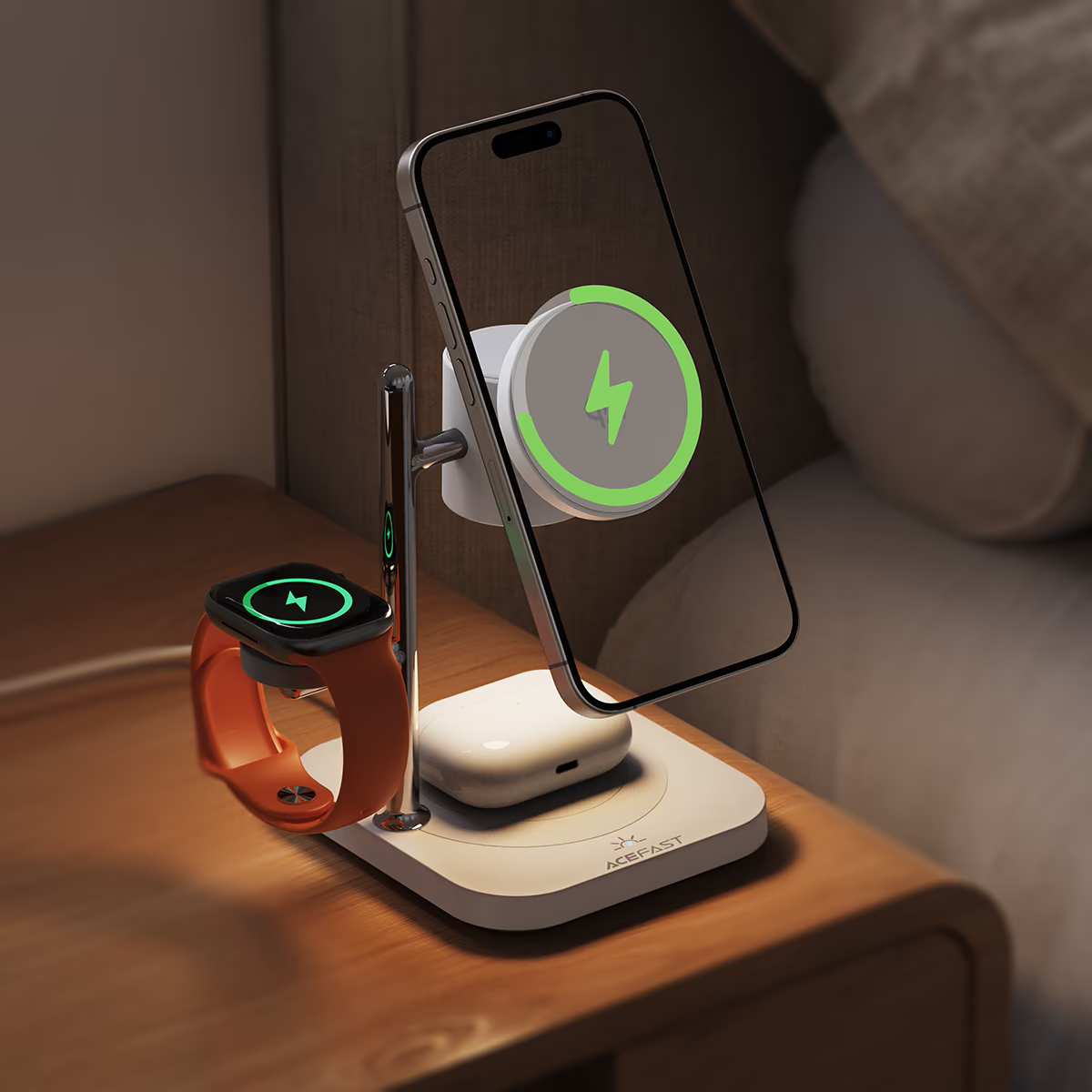 Acefast E39 3in1, 32.5W, 1.67A, Fehér vezeték nélküli töltő Magsafe-2