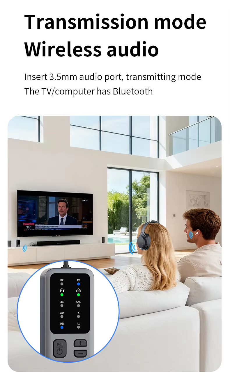 M3 Bluetooth 5.4 AUX transmitter autóhoz, TV-hez és vezeték nélküli fejhallgatóhoz-2
