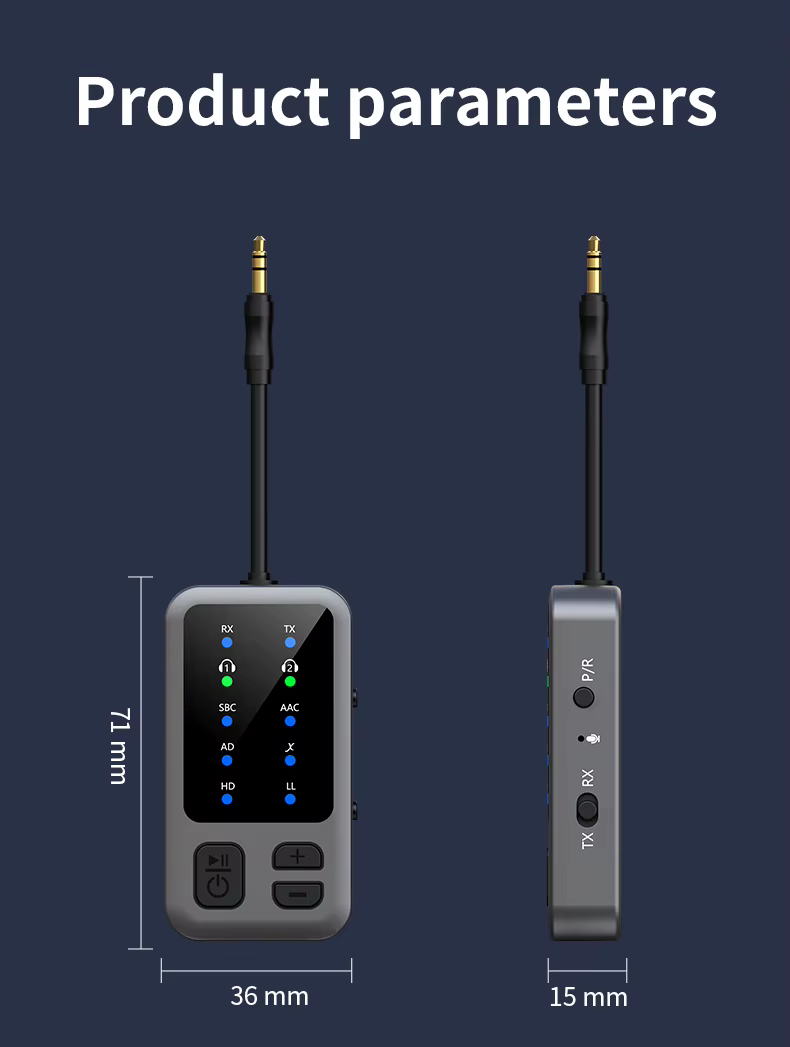 M3 Bluetooth 5.4 AUX transmitter autóhoz, TV-hez és vezeték nélküli fejhallgatóhoz-20