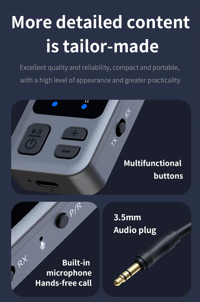 M3 Bluetooth 5.4 AUX transmitter autóhoz, TV-hez és vezeték nélküli fejhallgatóhoz-5