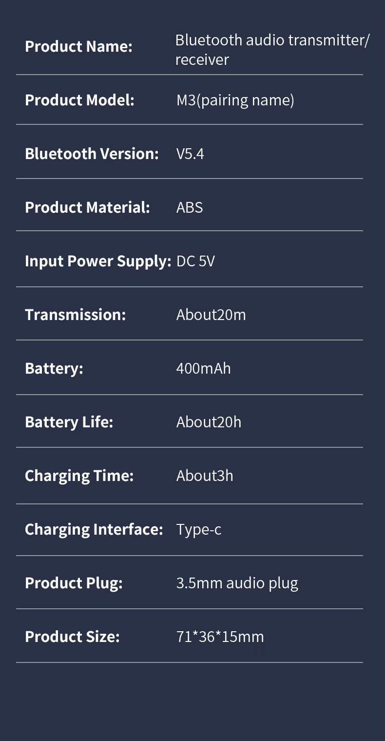 M3 Bluetooth 5.4 AUX transmitter autóhoz, TV-hez és vezeték nélküli fejhallgatóhoz-9