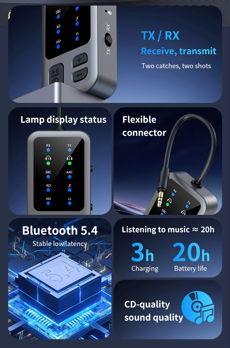 M3 Bluetooth 5.4 AUX transmitter autóhoz, TV-hez és vezeték nélküli fejhallgatóhoz-17