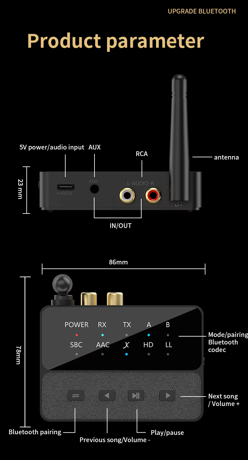D600 alacsony késleltetésű 2 az 1-ben Bluetooth 5.3 AUX adapter vevő és adó párosítással-2