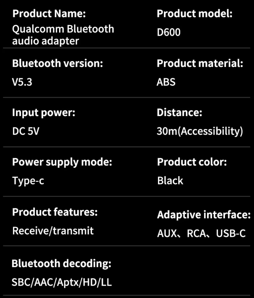 D600 alacsony késleltetésű 2 az 1-ben Bluetooth 5.3 AUX adapter vevő és adó párosítással-9