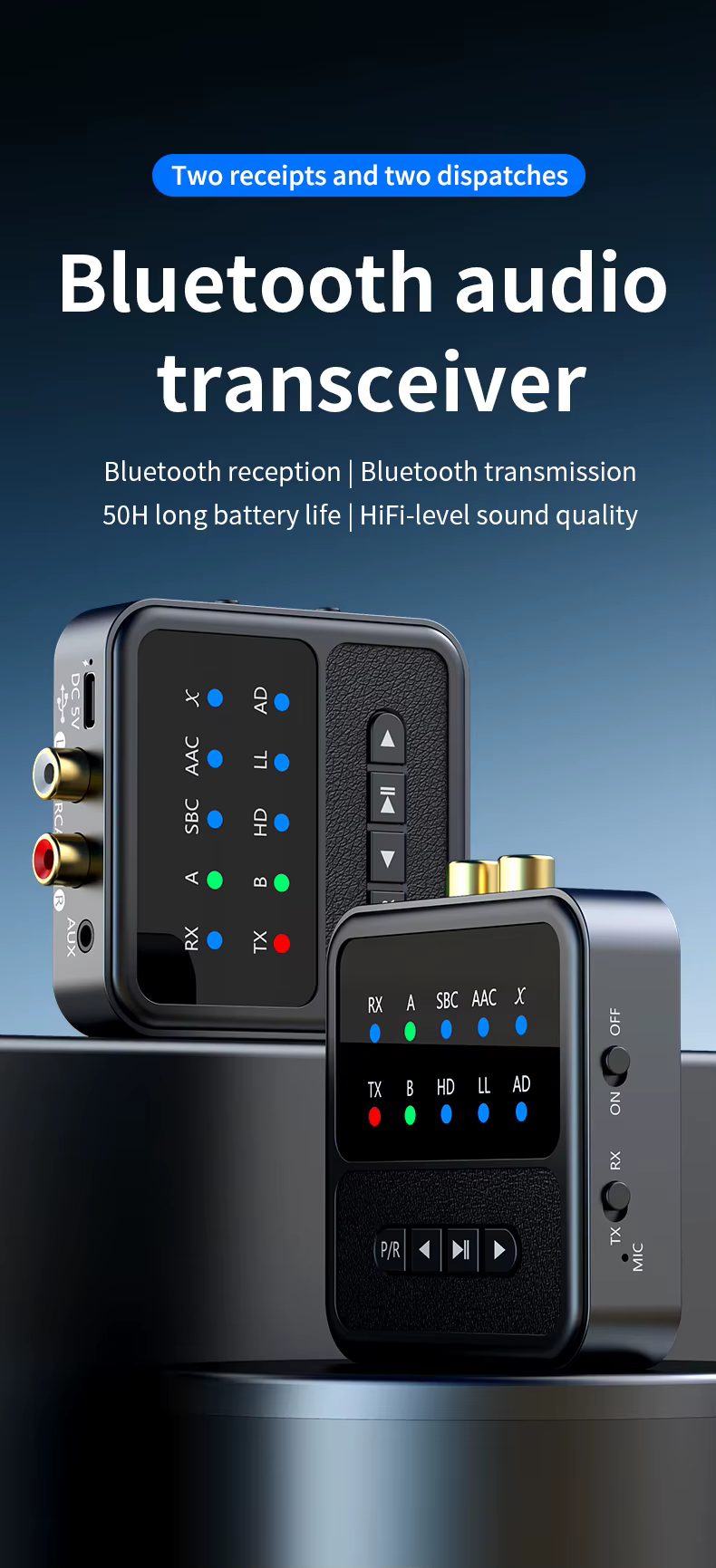 BT200 Bluetooth 5.4 audio adapter 2 fejhallgatóhoz – 2 az 1-ben transmitter és receiver-1
