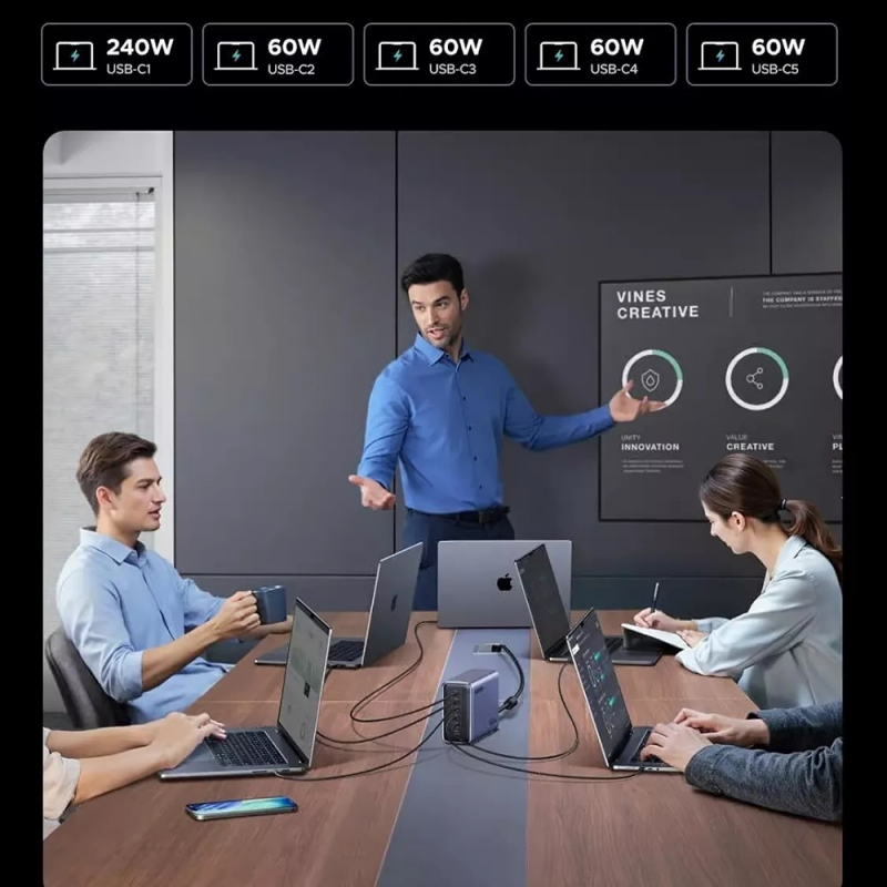 UGREEN Nexode X759 (55550B) asztali töltő, 500W, 5A, 1 x USB-A - 5 x USB-C, Szürke-1