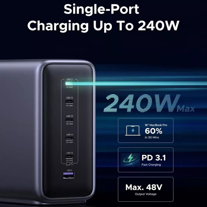 UGREEN Nexode X759 (55550B) asztali töltő, 500W, 5A, 1 x USB-A - 5 x USB-C, Szürke-3
