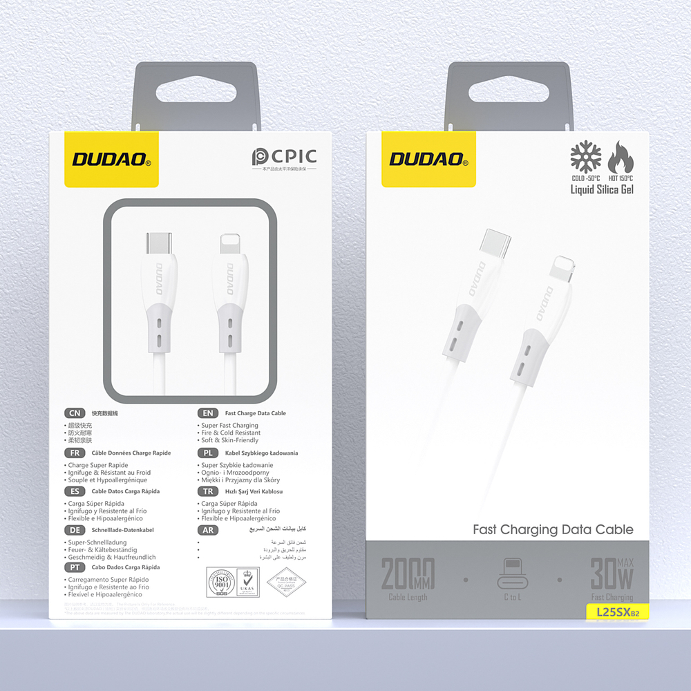 Dudao L25SX 30W USB-C - Lightning Kábel Puha Szilikon Fonattal 2m - Fehér-1
