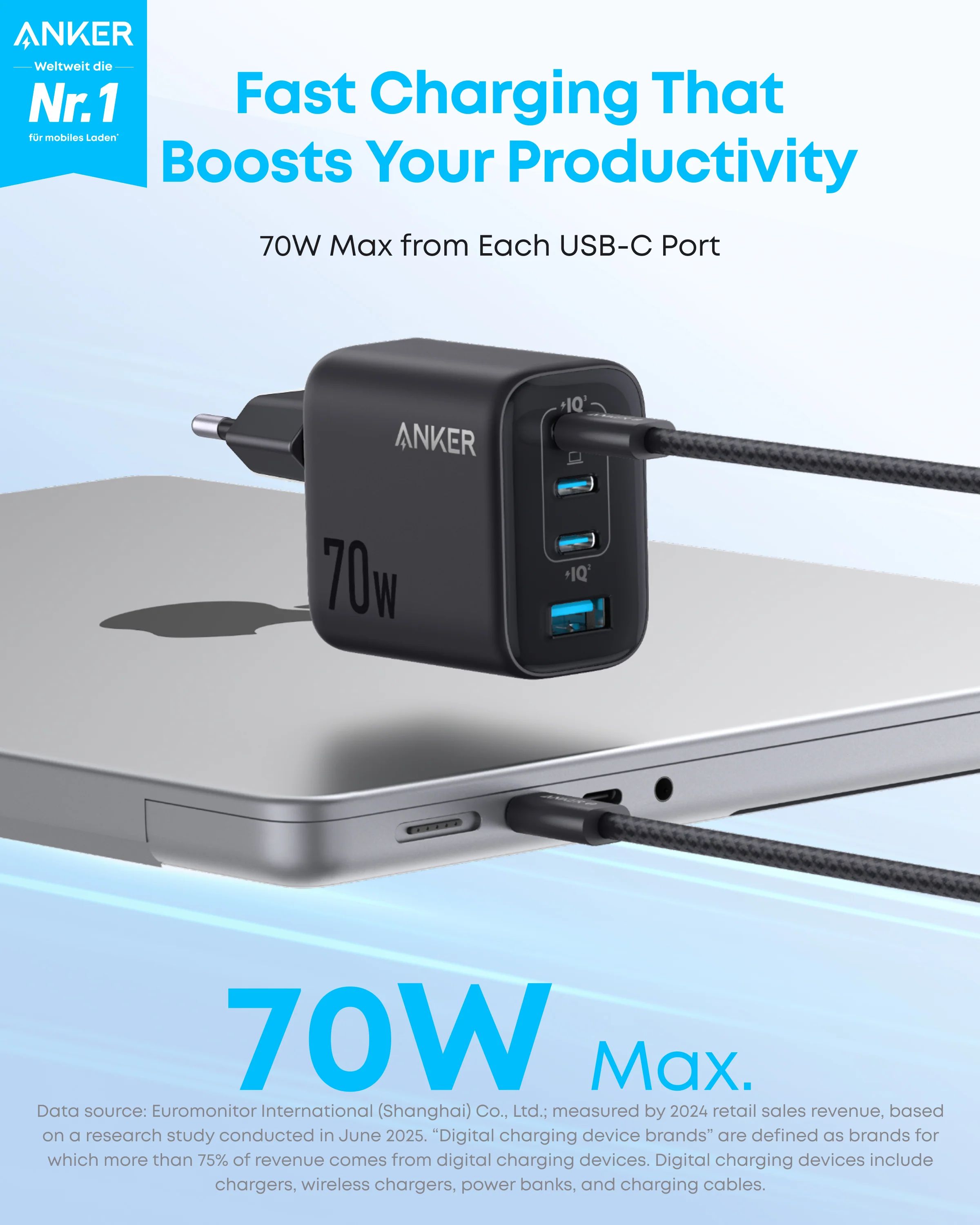 Anker Zolo fali töltő, 70W, 3.5A, 1 x USB-A - 3 x USB-C, Fekete A121CG11-2