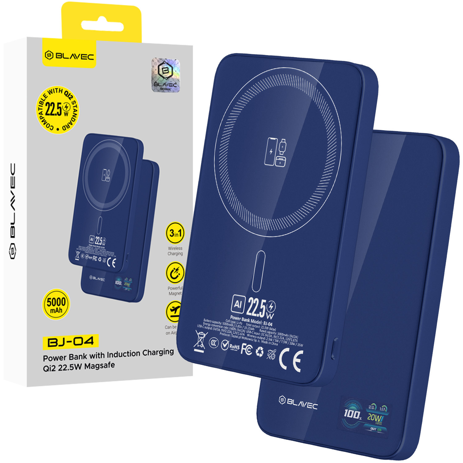 Blavec Power Bank 5000mAh BJ-04 Ultra Slim 7,8mm - Type C - 22,5W mágneses Magsafe 3 az 1-ben (PBBJ04-MC5N) sötétkék üveg-0