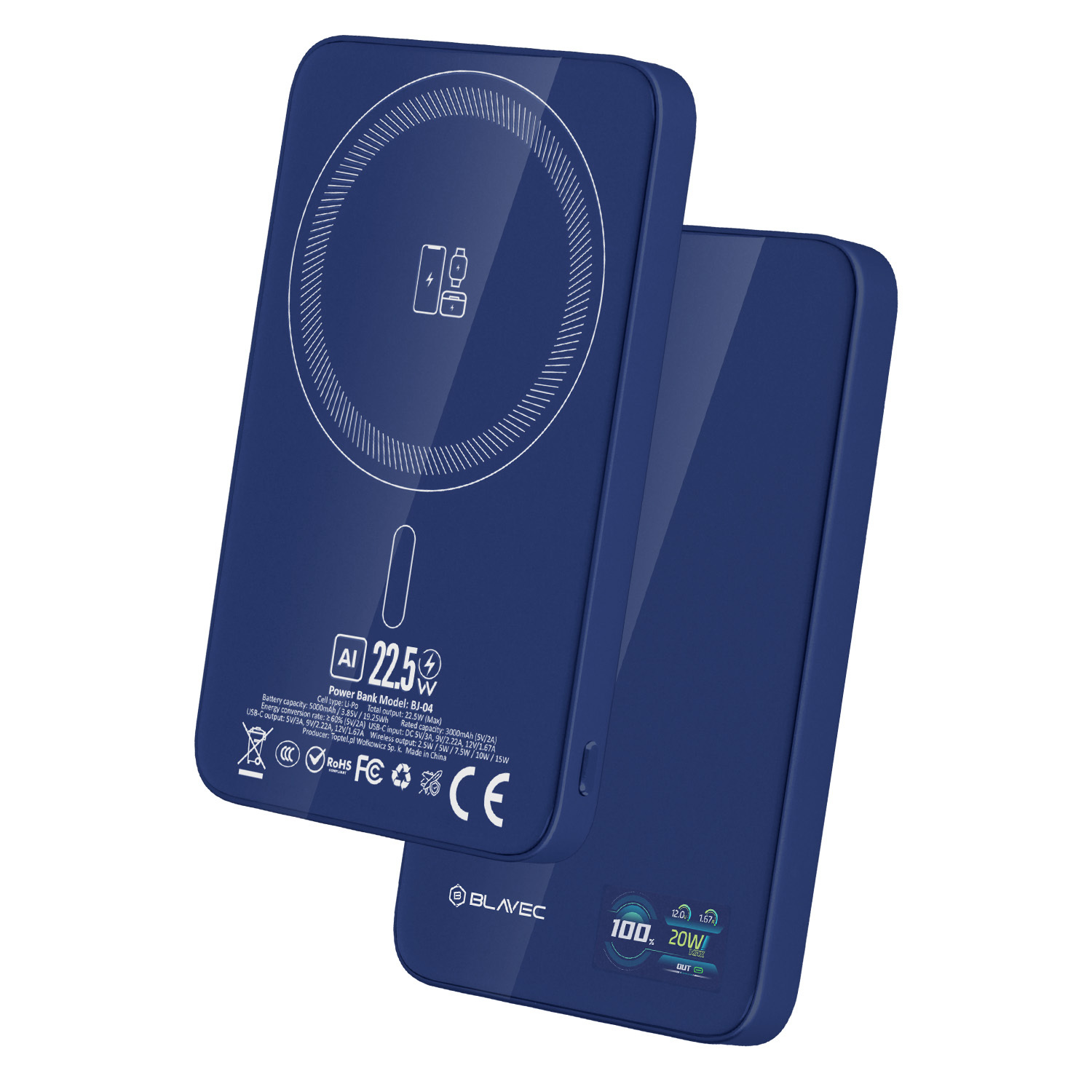 Blavec Power Bank 5000mAh BJ-04 Ultra Slim 7,8mm - Type C - 22,5W mágneses Magsafe 3 az 1-ben (PBBJ04-MC5N) sötétkék üveg-1