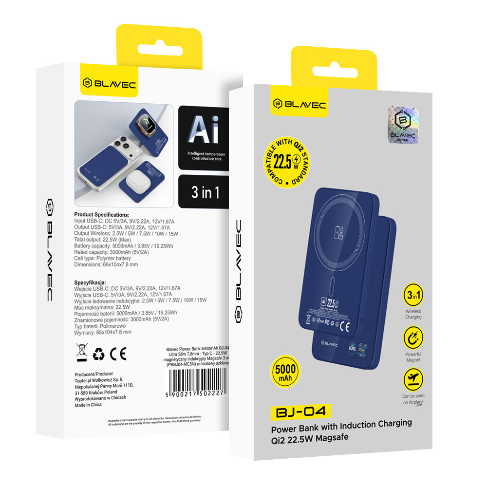 Blavec Power Bank 5000mAh BJ-04 Ultra Slim 7,8mm - Type C - 22,5W mágneses Magsafe 3 az 1-ben (PBBJ04-MC5N) sötétkék üveg-5