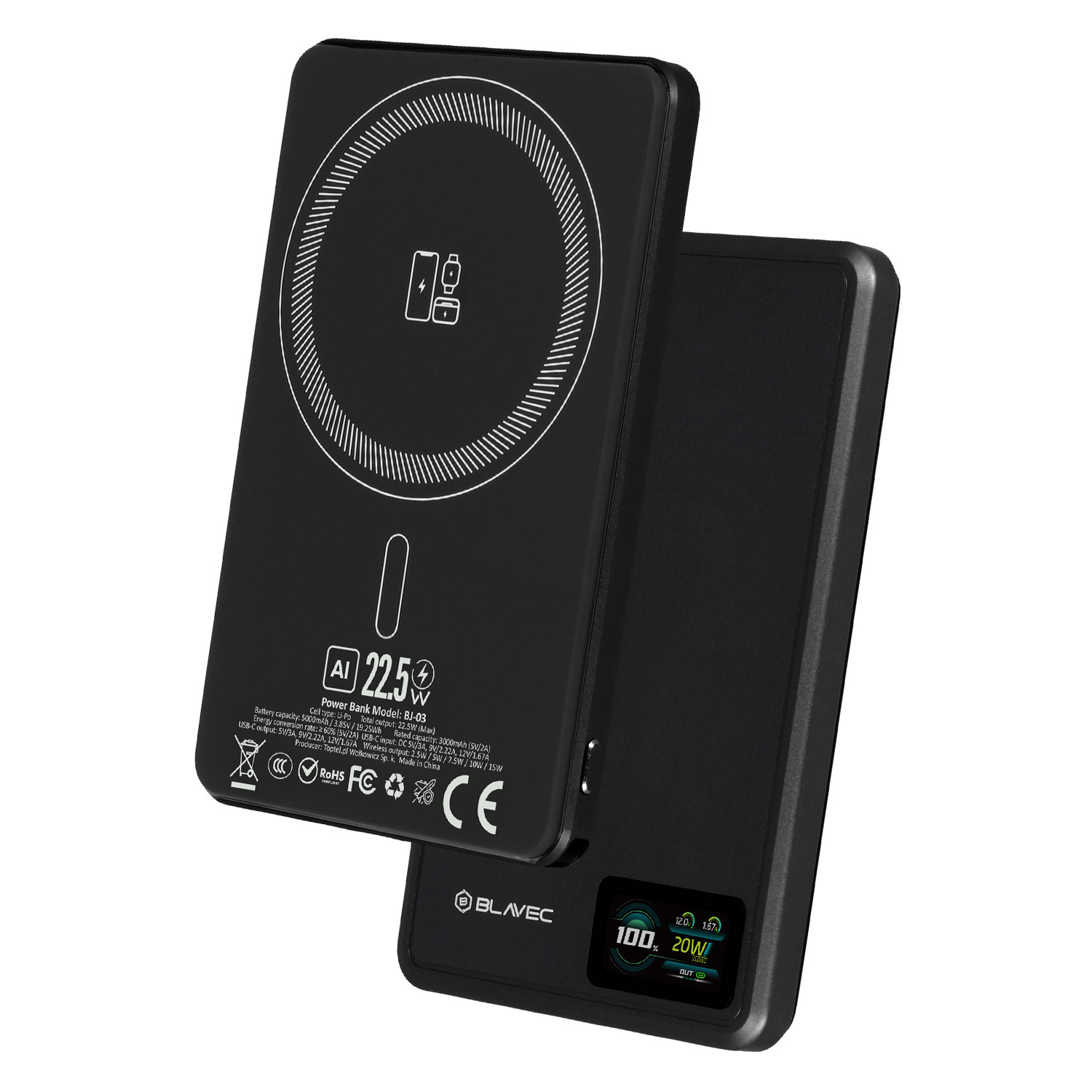 Blavec Power Bank 5000mAh BJ-03 Ultra Slim 7,8mm - Type C - 22,5W mágneses Magsafe 3 az 1-ben (PBBJ03-MC5B) fekete alumínium-1