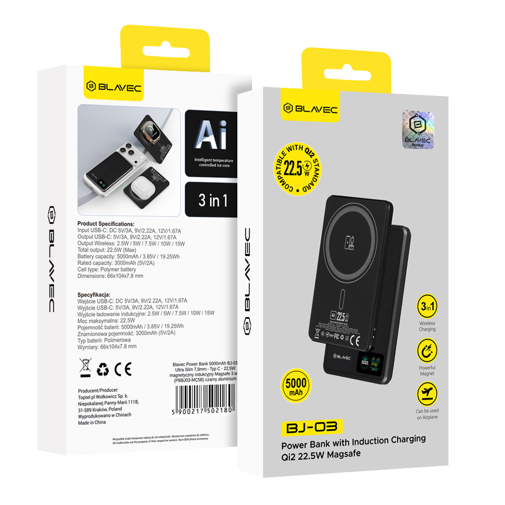 Blavec Power Bank 5000mAh BJ-03 Ultra Slim 7,8mm - Type C - 22,5W mágneses Magsafe 3 az 1-ben (PBBJ03-MC5B) fekete alumínium-5