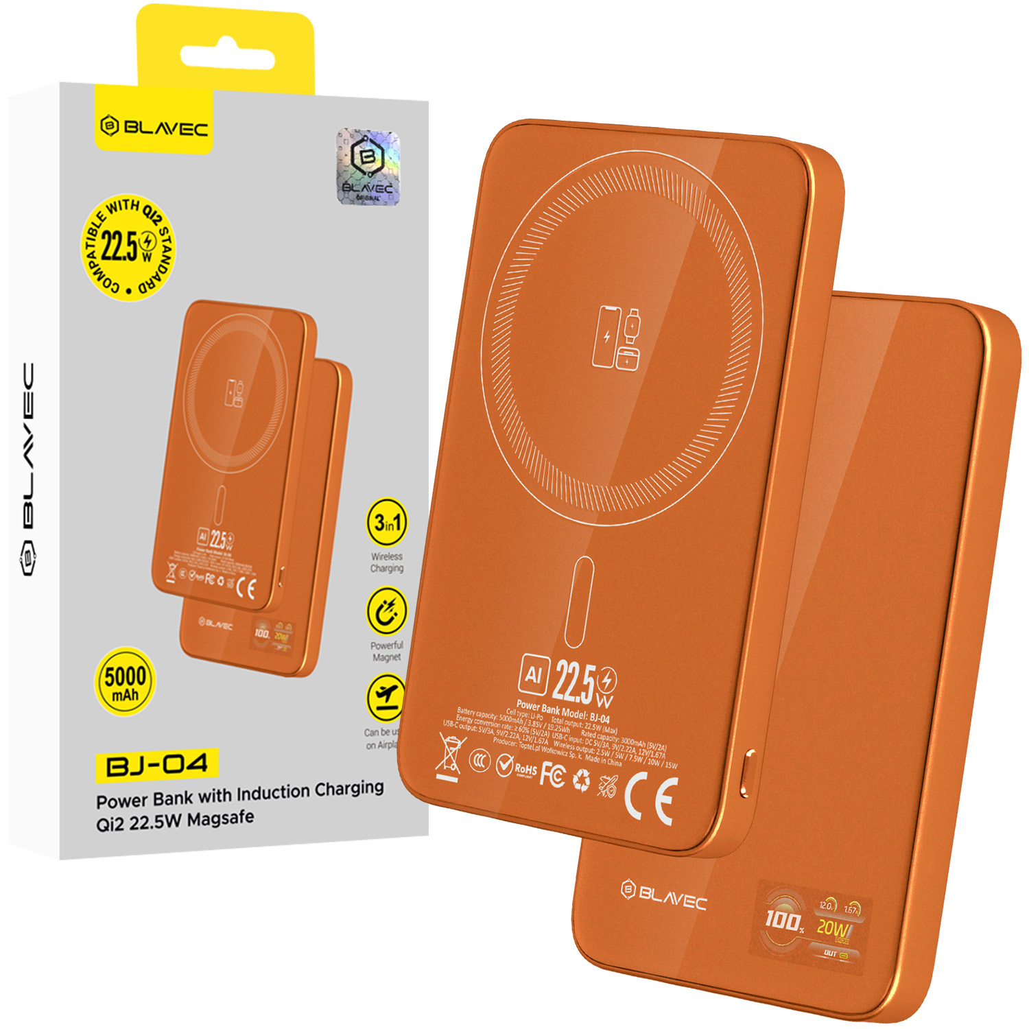 Blavec Power Bank 5000mAh BJ-04 Ultra Slim 7,8mm - Type C - 22,5W magnetic Magsafe 3 in 1 (PBBJ04-MC5O) orange glass-0