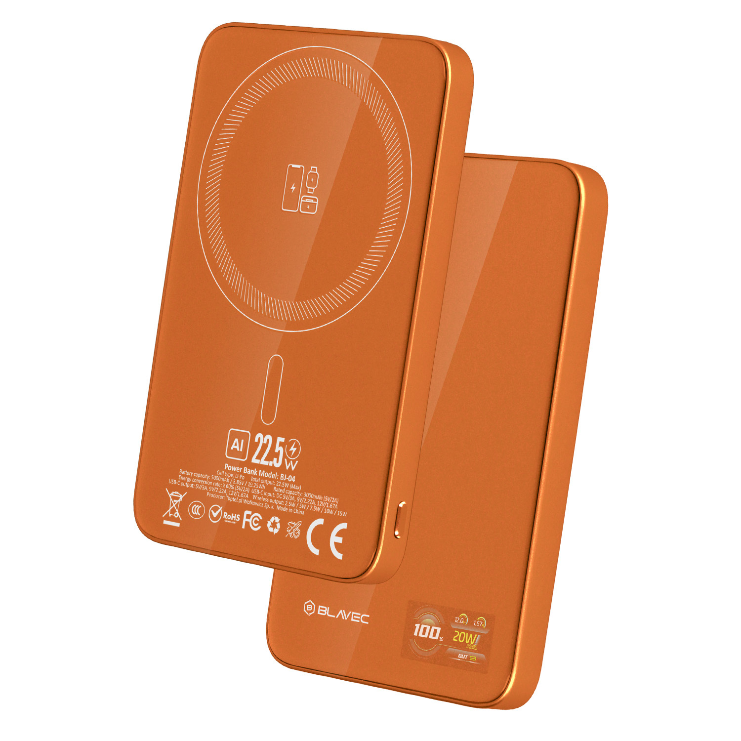 Blavec Power Bank 5000mAh BJ-04 Ultra Slim 7,8mm - Type C - 22,5W magnetic Magsafe 3 in 1 (PBBJ04-MC5O) orange glass-1