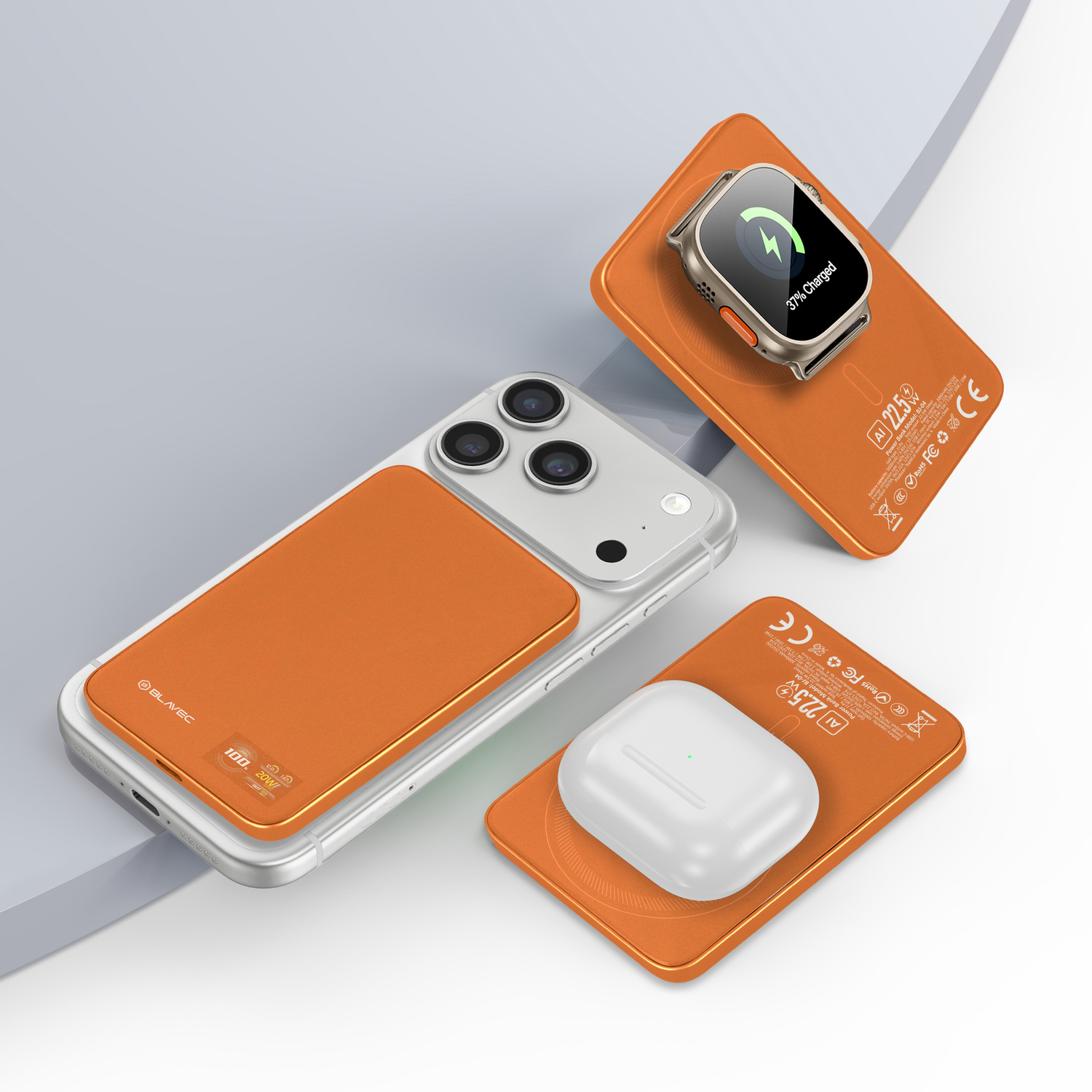 Blavec Power Bank 5000mAh BJ-04 Ultra Slim 7,8mm - Type C - 22,5W magnetic Magsafe 3 in 1 (PBBJ04-MC5O) orange glass-2