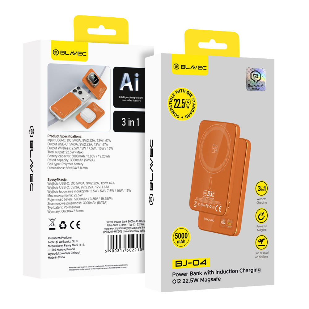 Blavec Power Bank 5000mAh BJ-04 Ultra Slim 7,8mm - Type C - 22,5W magnetic Magsafe 3 in 1 (PBBJ04-MC5O) orange glass-6