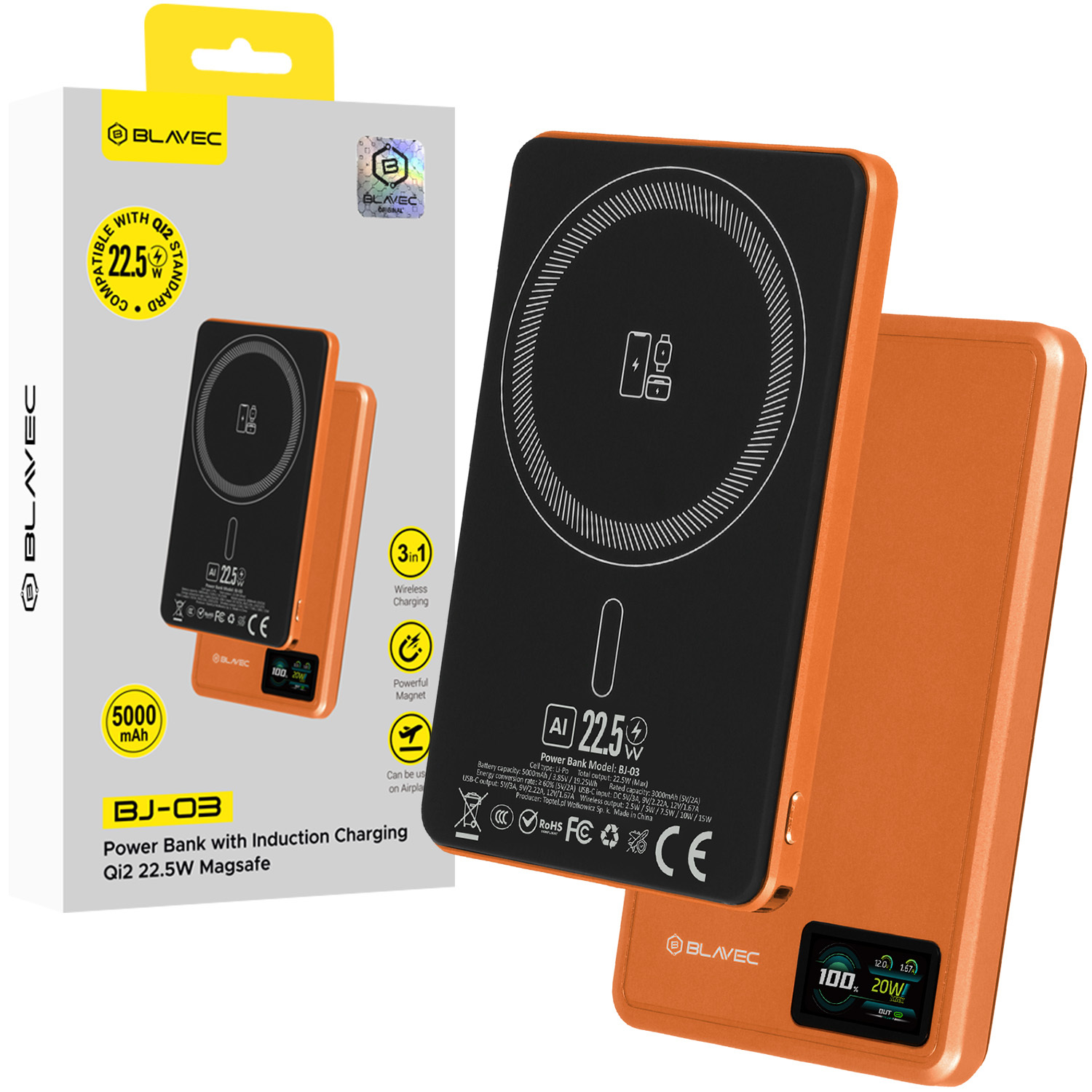 Blavec Power Bank 5000mAh BJ-03 Ultra Slim 7,8mm - Type C - 22,5W mágneses Magsafe 3 az 1-ben (PBBJ03-MC5O) narancssárga alumínium-0