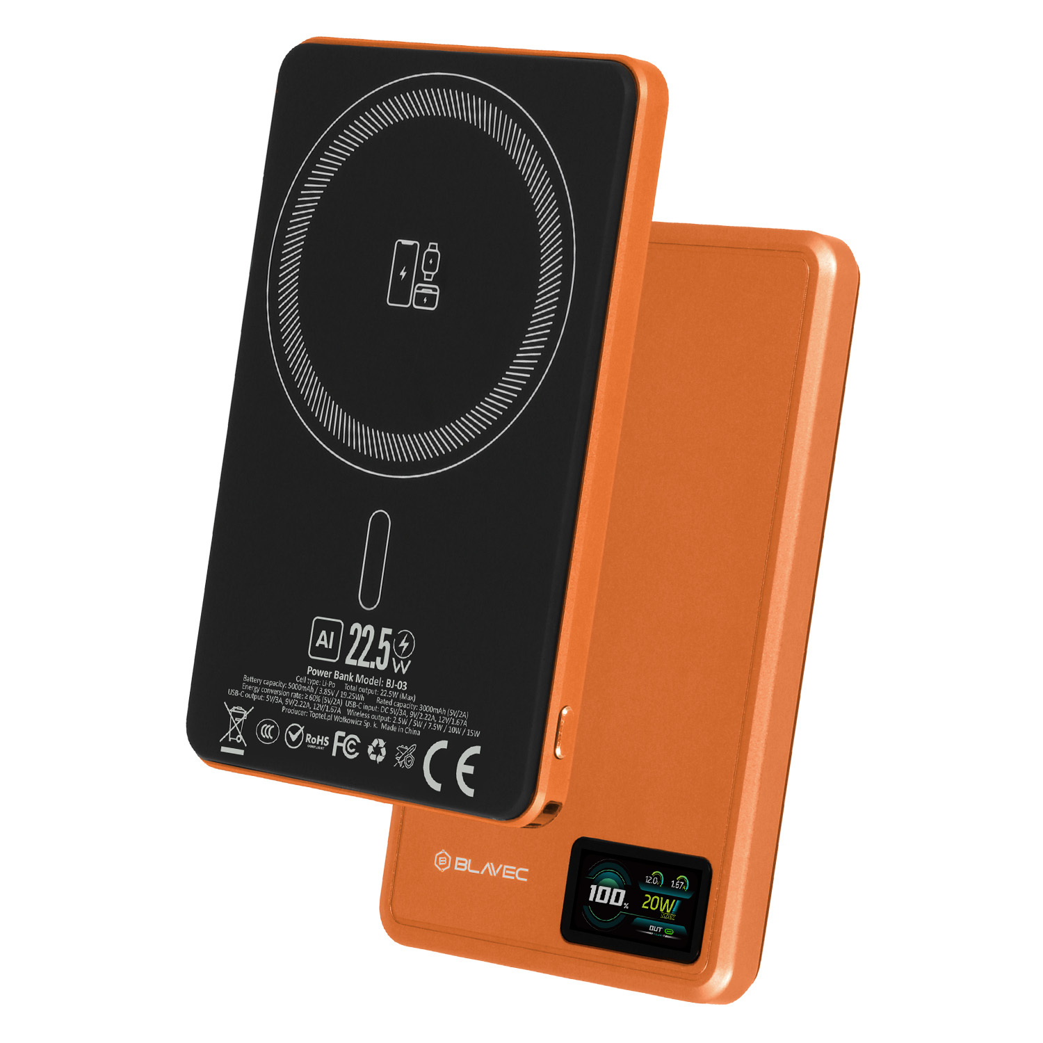 Blavec Power Bank 5000mAh BJ-03 Ultra Slim 7,8mm - Type C - 22,5W mágneses Magsafe 3 az 1-ben (PBBJ03-MC5O) narancssárga alumínium-1