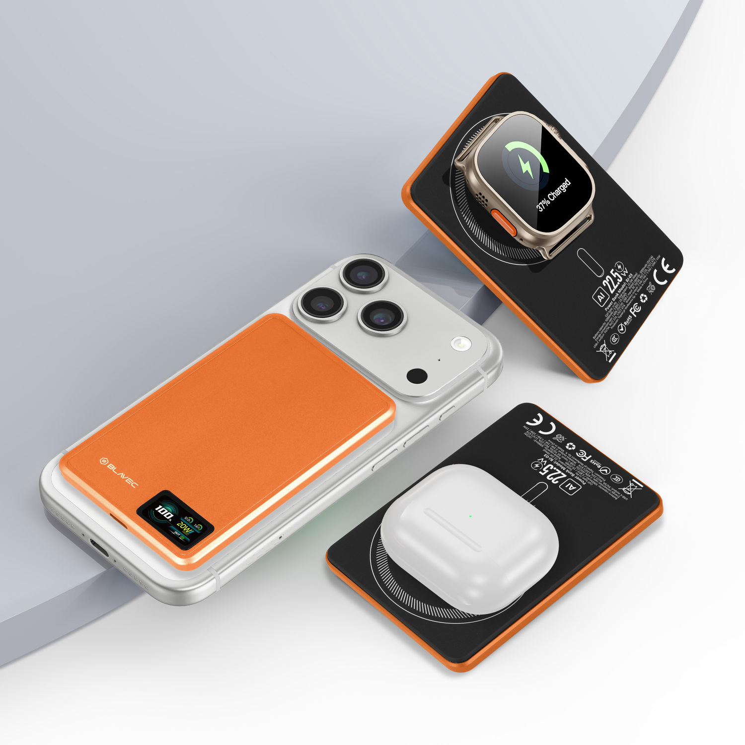 Blavec Power Bank 5000mAh BJ-03 Ultra Slim 7,8mm - Type C - 22,5W mágneses Magsafe 3 az 1-ben (PBBJ03-MC5O) narancssárga alumínium-2