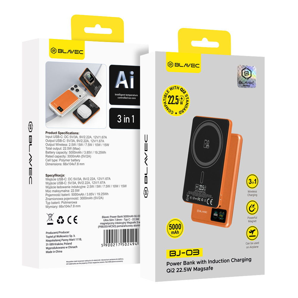Blavec Power Bank 5000mAh BJ-03 Ultra Slim 7,8mm - Type C - 22,5W mágneses Magsafe 3 az 1-ben (PBBJ03-MC5O) narancssárga alumínium-6