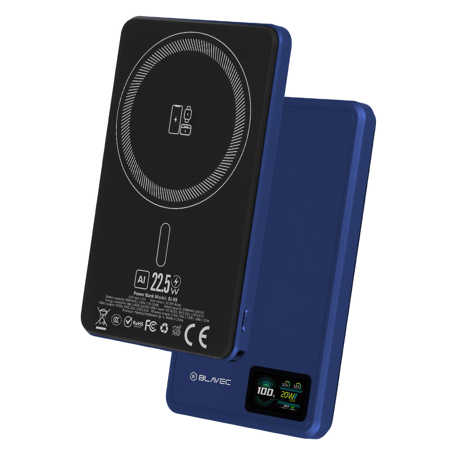 Blavec Power Bank 5000mAh BJ-03 Ultra Slim 7,8mm - Type C - 22,5W mágneses Magsafe 3 az 1-ben (PBBJ03-MC5N) tengerészkék alumínium-1