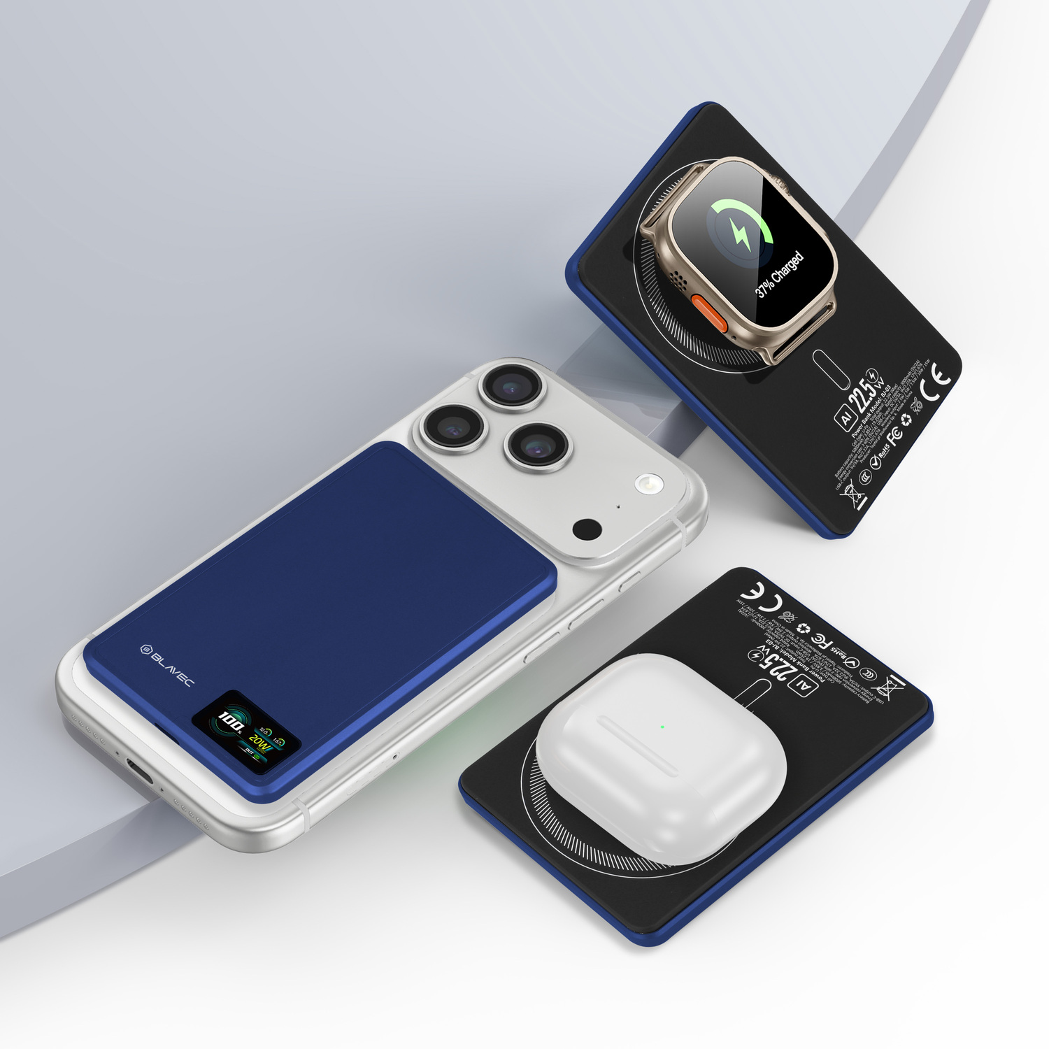 Blavec Power Bank 5000mAh BJ-03 Ultra Slim 7,8mm - Type C - 22,5W mágneses Magsafe 3 az 1-ben (PBBJ03-MC5N) tengerészkék alumínium-2