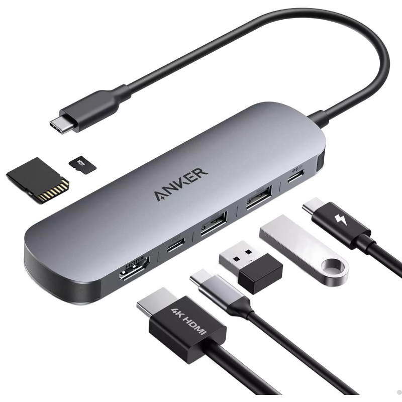 USB-C Hub Anker, 2 x USB-A 3.0 - 2 x USB-C - 1 x HDMI - 1 x SD - 1 x microSD, Szürke A83D2HA1-0