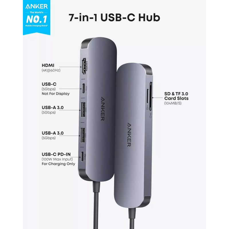 USB-C Hub Anker, 2 x USB-A 3.0 - 2 x USB-C - 1 x HDMI - 1 x SD - 1 x microSD, Szürke A83D2HA1-1