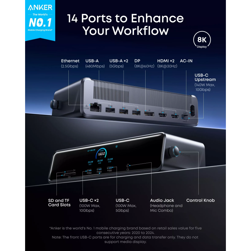Anker Prime Hub, 3 x USB-A - 4 x USB-C - 1 x DisplayPort - 2 x HDMI - 1 x Jack 3.5mm - 1 x RJ45 - 1 x SD - 1 x microSD, Szürke A83B33A1-8