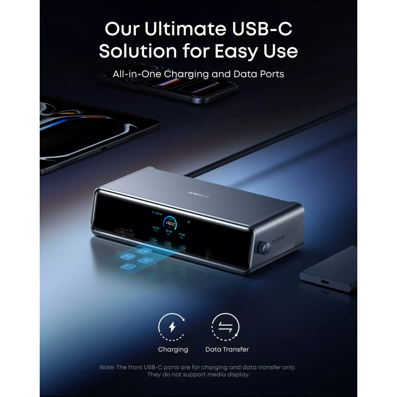 Anker Prime Hub, 3 x USB-A - 4 x USB-C - 1 x DisplayPort - 2 x HDMI - 1 x Jack 3.5mm - 1 x RJ45 - 1 x SD - 1 x microSD, Szürke A83B33A1-7