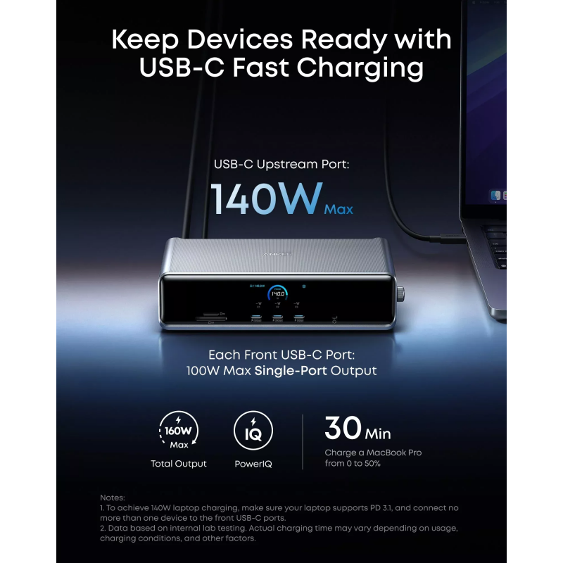 Anker Prime Hub, 3 x USB-A - 4 x USB-C - 1 x DisplayPort - 2 x HDMI - 1 x Jack 3.5mm - 1 x RJ45 - 1 x SD - 1 x microSD, Szürke A83B33A1-6