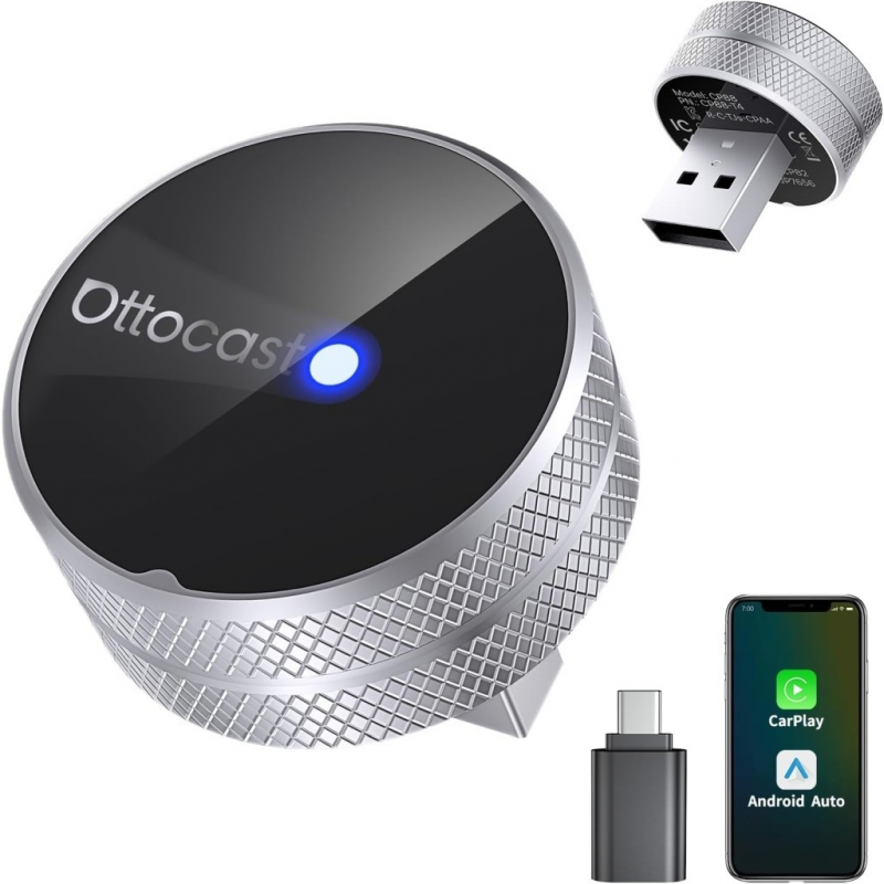 Vezeték nélküli Carplay / Android Auto Adapter Ottocast Mini Slim Tube Apple iPhone / Android sorozathoz, Ezüst CP88-T4-2